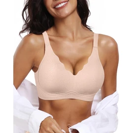 OEAK Womens Comfortable Wireless Bras Push Up Seamless Bralettes Soft V Neck Brassiere Scalloped Full Coverage Everyday Bra, Nude With Jacquard Weave, X-Large