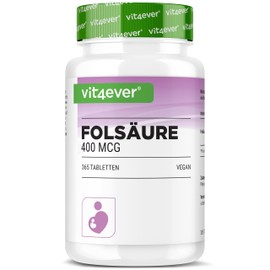 Folic Acid 400μg - 365 Tablets in Practical 12 Month Supply - Vitamin B9 for Desiring Children and Pregnancy - High Dose - High Bioavailability - Vegan