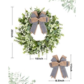 Vlorart 20'' Summer Wreaths for Front Door,Artificial Eucalyptus Wreath Green Wreaths for Front Door Boxwood with Bow and Berries for Farmhouse Decor,Door Wreaths for Front Door Outside All Season