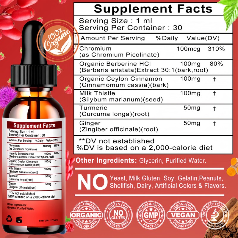 Berberine Drops, High Absorption 6-in-1 Liquid Berberine Supplement with Ceylon