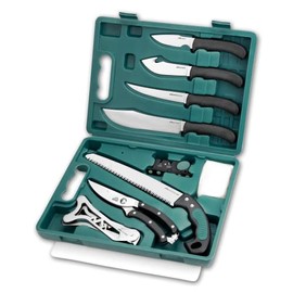 Outdoor Edge Game-Pro, 11-Piece Hunting & Game Processing Knife Set with Caping, Boning, Butcher & Gut Hook Skinning Knives, Saw, Shears, Knife Sharpener, Rib Spreader, Gloves, & Cutting Board