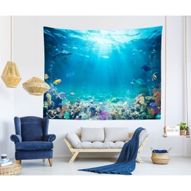 Loccor Fish Tank Tapestry Photo Backdrop Coral Turtle Photo Tapestries Wall Hanging Underwater Women Men Living Room College Dorm Apartment Home Bedroom Aesthetic Wall Art Mural