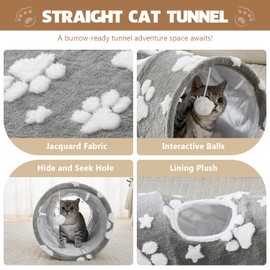 Yaning Straight Cat Tunnel for Indoor Cats 47"x12", Cute Cat Toys Collapsible Tunnel Tube with Balls for Puppy Kitten Rabbit, Grey Paw