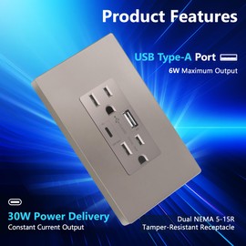 LIDER USB-C 36W Power Delivery Wall Outlet, Duplex Tamper-Resistant Receptacle with USB Type-C/USB Type-A Charging Ports, Interchangeable Face Cover, Modern, UL Listed, Wall Plate Included, Nickel
