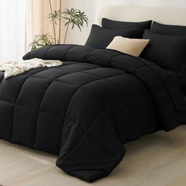 CozyLux Black King Size Comforter Set with Sheets - 7 Pieces Bed in a Bag, King Bedding Sets Bed Set for All Season with Black Comforter, Flat Sheet, Fitted Sheet, Pillowcases & Pillow Shams