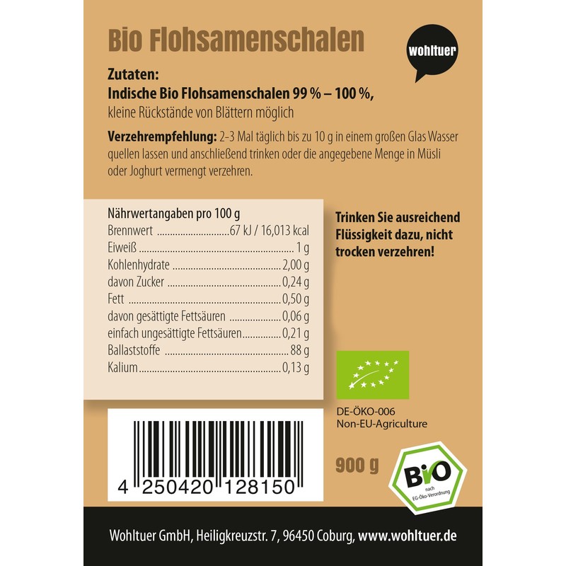 Wohltuer Indische Flohsamen-Schalen Bio 900g Rohkostqualität