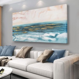 Canvas Wall Art Blue Gold Coast Seascape Abstract Wall Decor Painting Framed Artwork Living Room Bedroom Office Home Wall Decor 20"x40"