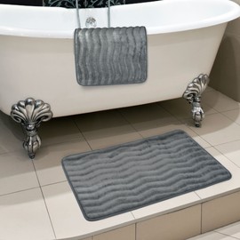 Bathroom Rug Set- 2-Piece Memory Foam Bath Mats- Wavy Microfiber Top-Non-Slip Absorbent Runner for Shower, Tub, Sink, or Kitchen by Lavish Home (Gray)