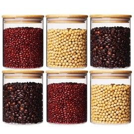 SHOWIN 25oz Glass Food Storage Jars, Glass jars with bamboo lids,Pantry organizers and round storage glass, Set of 6, Glass kitchen storage containers for Spice,Candy, Cookie, etc.