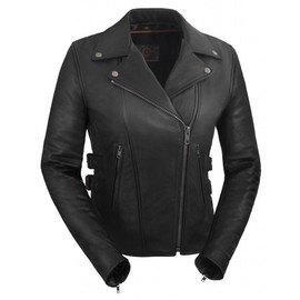 True Element Womens Motorcycle Leather Jacket with Side Buckles (Black, Size 3XL)