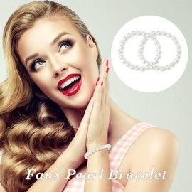 uxcell Round Imitation Pearl Bracelets, Elastic Faux Pearl Beaded Chains Bracelets for Women men, 2 Pcs 8mm Stretch White Wrist Ornament Wedding Bracelets for Brides Gifts
