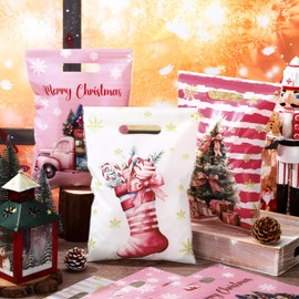 Sinmoe 200 Pcs Plastic Christmas Bags Bulk Christmas Merchandise Gift Bag with Handle 9" x 12" Reusable Xmas Goodie Treat Pouch for Candy Retail Shopping Business Party(Pink,Fresh)