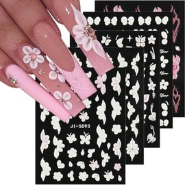 Fcozpjk 5D Pegatinas de uñas con flores blancas en relieve, 5 hojas de calcomanías florales autoadhesivas, arte de uñas de primavera con rosas y mariposas, flores acrílicas 3D para decoración de