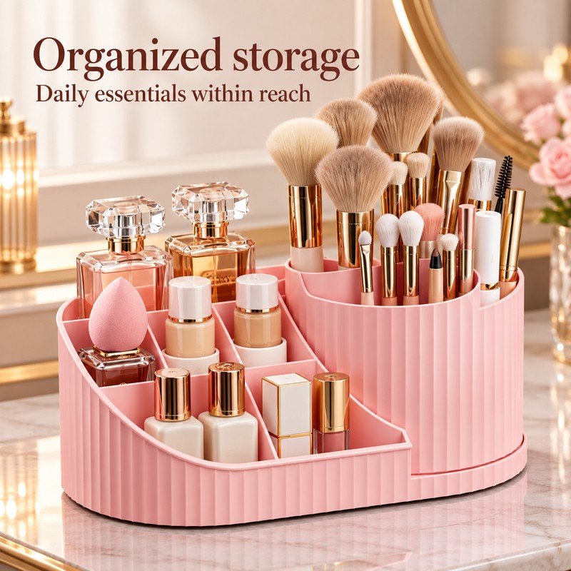 360° Rotating Makeup Organizer for Vanity – Multi-Compartment Cosmetic Storage