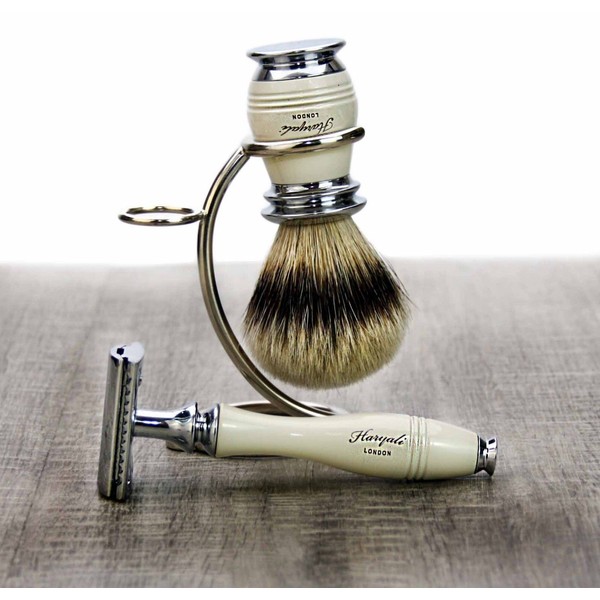 Shaving Brush & Razor Gift Set -3 Piece Wet Shaving Kit with Steel Stand for Men