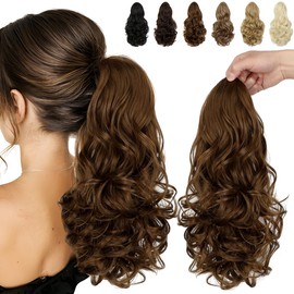 Felendy 15" Ponytail Extension Drawstring Curly Wavy Ponytail Hair Extensions Clip in Long Pony Tails Hairpieces Cute Synthetic Hair Piece for Women Light Brown