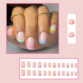 Colourful French Tip Press on Nails Short Square False Nails Short Press Ons Nude Pink Acrylic Nails Rainbow Nails Tip Coffin Fake Nails Glossy Glue On Nails for Women Daily Wear French Nails 24Pcs