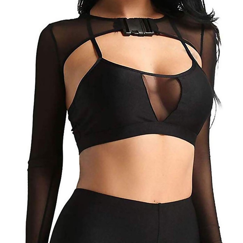 Yunison See Through Mesh Crop Rave Tops with Buckle Long