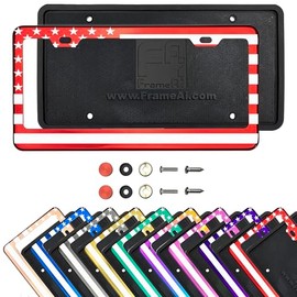 American Flag Stainless Steel License Plate Frame – Red and Chrome with Stars & Stripes Design – Rustproof, Weatherproof, Includes Screws, Caps & Silicone Gasket for Front or Rear