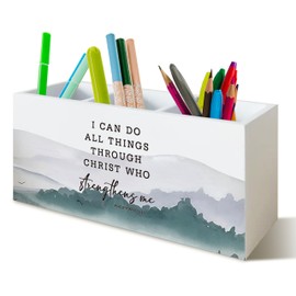 YTRGI Christian Pen Holder for Office Desk Decor, I Can Do All Things Wooden Pencil Holder Sign Organizer for Home Office Desk Accessories, Christian Gifts for Women Men