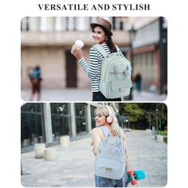 VANKANY Girls Backpack, Aesthetic School Bag with Charging Hole for Kids Elementary Middle High School College Women Teens Bookbag, Green