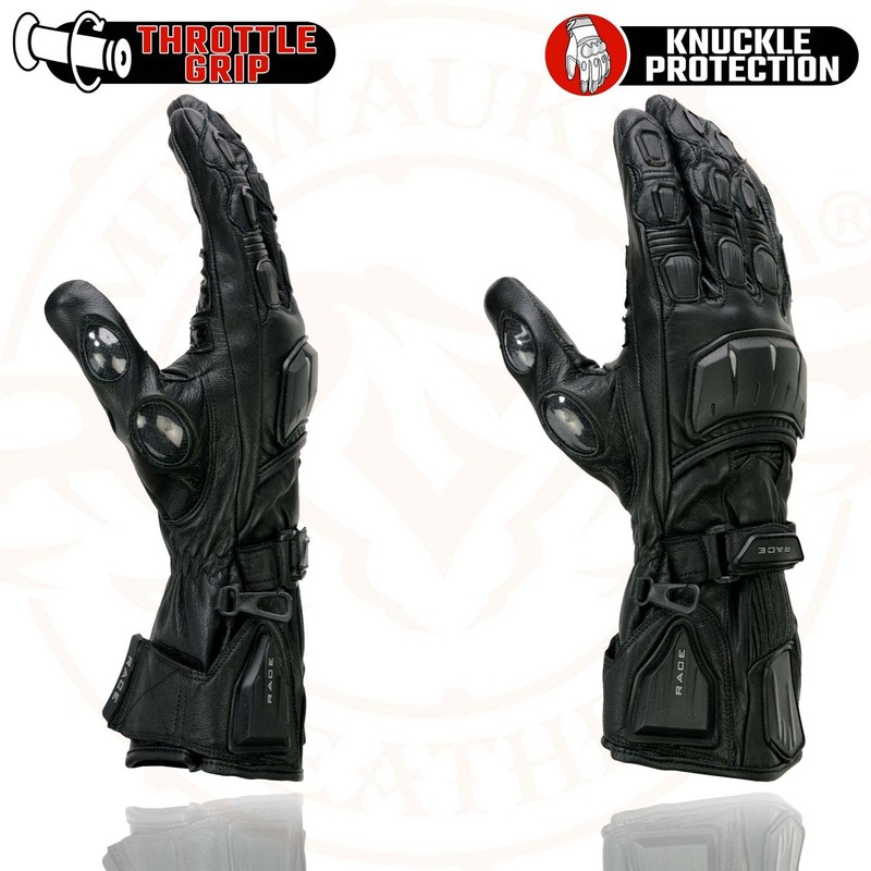 Milwaukee Leather SH717 Men's Black Leather Racing Gauntlet Gloves w/Knuckle