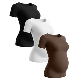Ficerd 3 Pack Women's Maternity Shirts Short Sleeve Ribbed Pregnancy Tops Crew Neck Basic Tees Summer Mama Clothes(Brown, White, Black,Medium)