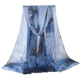 MANJIAMEI Women Floral Chiffon Scarf Lightweight Fashion Flower Leaf Print Scarves Long Shawl Wrap Sheer Neck Scarfs Sunscreen Head Scarf Multi-use Scarves for Ladies Spring Summer Autumn (Blue)