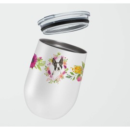Caroline's Treasures CK4257TBL12 Boston Terrier Pink Flowers Stainless Steel 12 oz Stemless Wine Glass Insulated Wine Tumbler with Lid, Cute Travel Cup for Coffee, Cocktails, Gift Women, Mother