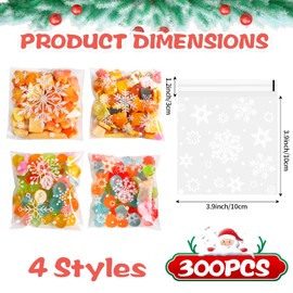 FOIMAS 300pcs Christmas Cellophane Treat Bags, Self Adhesive Snowflake Candy Cookie Bag Small Plastic Goodie Bags with Snowflake Bags for Xmas Party Favor Supply