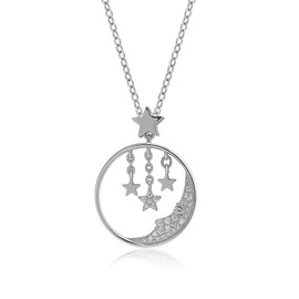 Meissa Silver Pendant Necklace for Women Girls Drop Moon and Star Circle Necklace Adjustable Gold Plated Chain Necklace Silver Necklace Birthday Gift, Silver