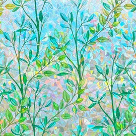 3D Stained Glass Privacy Window Film Rainbow Green Leaves Glass Door Film Static Cling Window Cling Covering Tint Anti UV Heat Control for Home and Office,45.2x157 in.