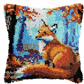 MIAOLLUN Jungle Fox Latch Hook Kits for Adults, Fox Latch Hook Kits DIY Throw Pillow Cover Cross Stitch Arts Craft Embroidery for Home Sofa Furniture 17X17inch