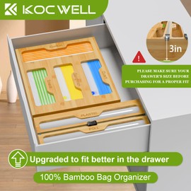 Bamboo Ziplock Bag Storage Organizer - 2 Wrap Dispenser with Cutter & 4 Slots Food Storage Bags Container - Kitchen Drawer Plastic Bags Storage Organization for Gallon Quart Sandwich Snack Bags