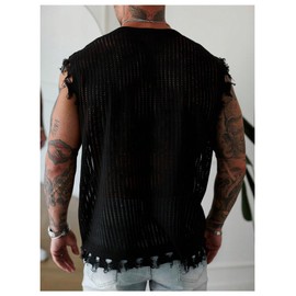 BEAUDRM Men's Letter Graphic Sweater Vest Y2k Ripped V Neck Sleeveless Knit Tops Black Medium