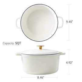 CAROTE CAROTE Cast Iron Dutch Oven Pot with Lid, Enameled Dutch Oven for Sourdough Bread Baking, Dual Handles, Heavy-Duty Cast Iron Pot, 5QT, White