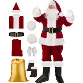 Koquena Santa Claus Costume for Men Christmas Cosplay, 9 PCS Professional Santa Suit with Gloves for Holiday Party