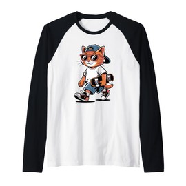 Cat Skateboarder Skateboard Skateboarding Raglan Baseball Tee