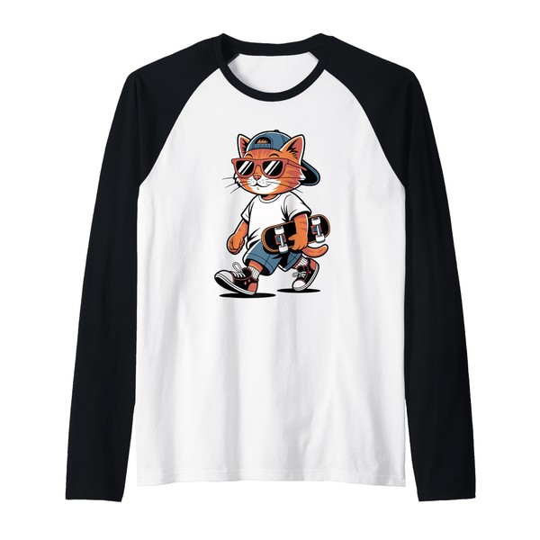 Cat Skateboarder Skateboard Skateboarding Raglan Baseball Tee