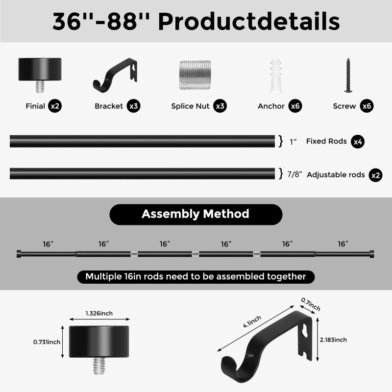 VOIIY Curtain Rods for Windows 48 to 84 Inch(4-7 Feet),Black