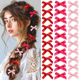 SAWINDA 30PCS Mini Hot Pink Hair Bows Valentine's Day Small Bows for Hair Cute Bowknot Silk Ribbons for Girls Sweet Bow Hair Clips Non Slip Hair Barrettes Hair Clips Accessories for Women Teens Girls