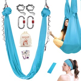 IONTACH Aerial Yoga Hammock, 5.5 Yards Sky Blue Aerial Silks Gymnastics for Home Indoor Jungle Gym, Antigravity Fitness Hammock with Carabiner, Daisy Chain and Guide