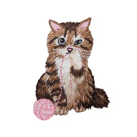 Brown Cat - Playing Pink Yarn Ball - Pets - Kitten - Embroidered Iron on Patch