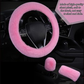 13 Pieces Fluffy Steering Wheel Cover Set, LUOYOYY Cute Fur Car Accessories Winter-Warm Furry Steering Wheel Cover Fashion Universal Car Accessories for Women Girls (Pink)