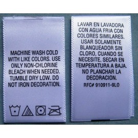 SeanLabel: 100pcs White Printed Satin Clothing English/Spanish Garment Folded Care Label Tags- Machine Wash Cold