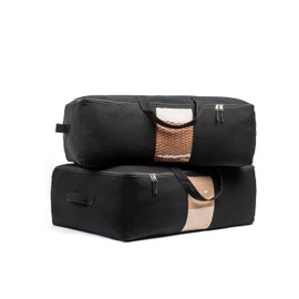 Soft Canvas Storage Bags with Zipper. Thick Breathable, 2pc King/Queen Comforter Organizer. Four Carrying Handles and Window. Large 25x19x9in Bag for Sheets Blankets Bedding Pillows, Clothes (Black)