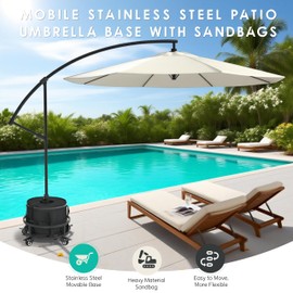 Umbrella Base with 4 Wheels,Umbrella Stand with Swivel Casters+1680D Waterproof Oxford Cloth Sandbag,Suitable for Outdoor 1.5 to 1.96 inch Market Umbrellas，Baked-enameled Stainless Steel.
