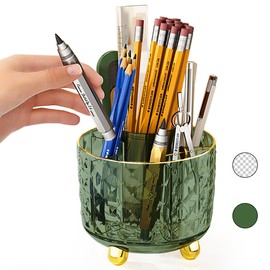 GOTOBA Dark Green Pen Pencil Holder for Desk, 360° Rotating Pen Organizer, Green Office Supplies, Cute Pen Holder, 6-Compartment Pencil Holder Rotating