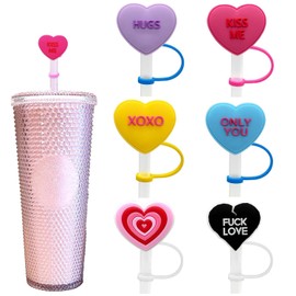 Valentine's Day Straw Cover Cap Heart Straw Covers 6 Pcs Drinking Straw Cover Decorations Valentines Heart Design Silicone Cute Straw Toppers Reusable Straw Tips Set Accessories Supplies (10mm）