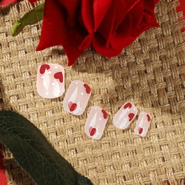 Valentine's Day Press on Nails Short Red Heart Valentines Fake Nails Full Cover Coffin Heart False Nails Square Acrylic Nails for Women Girls 24Pcs